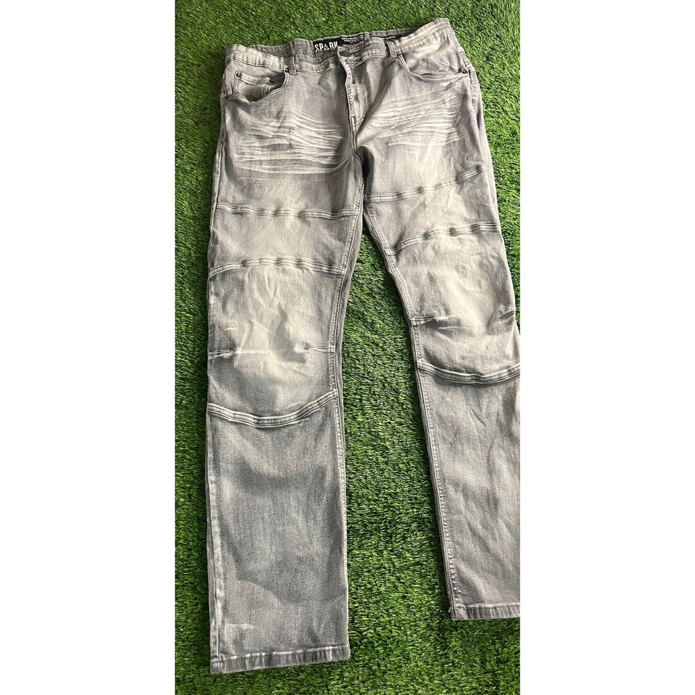 Spark Jeans Mens 42x34 Gray Light Wash Stretch Slim Straight Moto Denim Pants